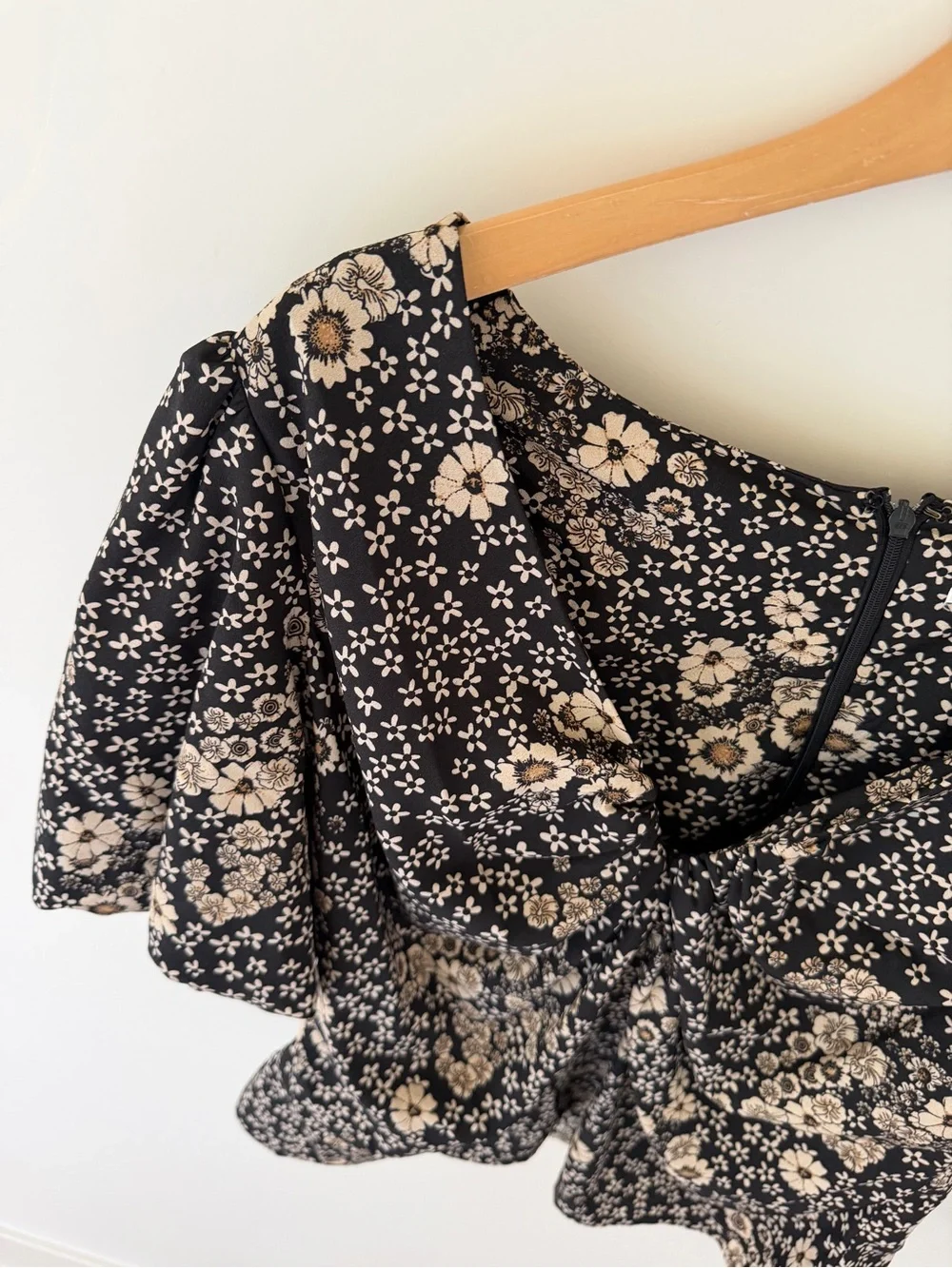 Astr Black Floral Puff Sleeve Blouse with Cream Blossoms
